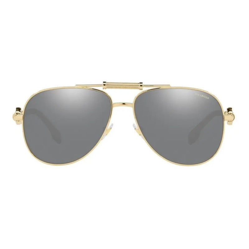 Lentes Solares Versace Ve2236 1002z3 Oro Polarizado Lente Gris Espejada Varilla Dorada / Negra Armazón Dorado Diseño Solar