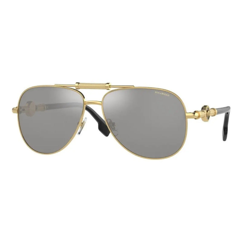 Lentes Solares Versace Ve2236 1002z3 Oro Polarizado Lente Gris Espejada Varilla Dorada / Negra Armazón Dorado Diseño Solar