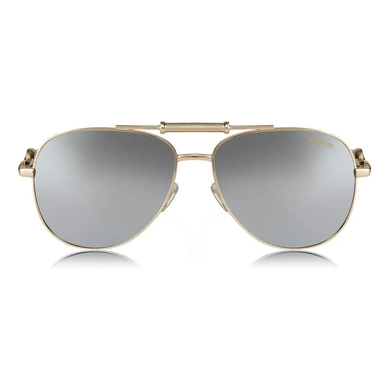 Lentes Solares Versace Ve2236 1002z3 Oro Polarizado Lente Gris Espejada Varilla Dorada / Negra Armazón Dorado Diseño Solar