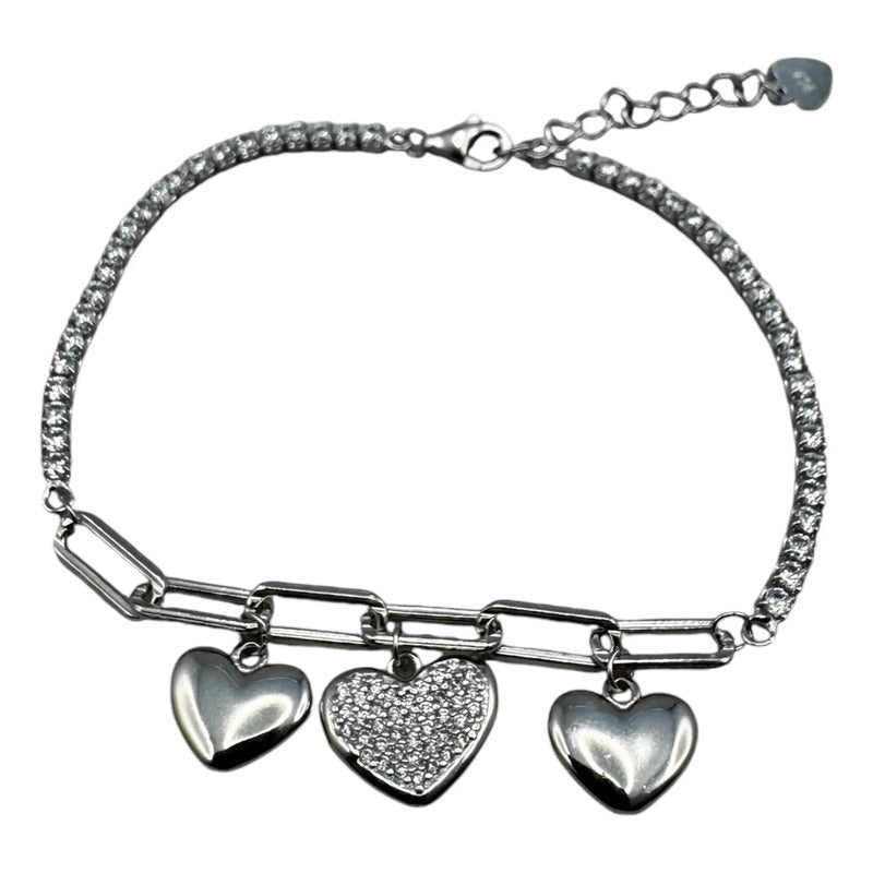Pulsera/tobillera Plata 925 Dije Corazones Zirconias Modelo5 Plateado 6.1 Cm 20 Cm