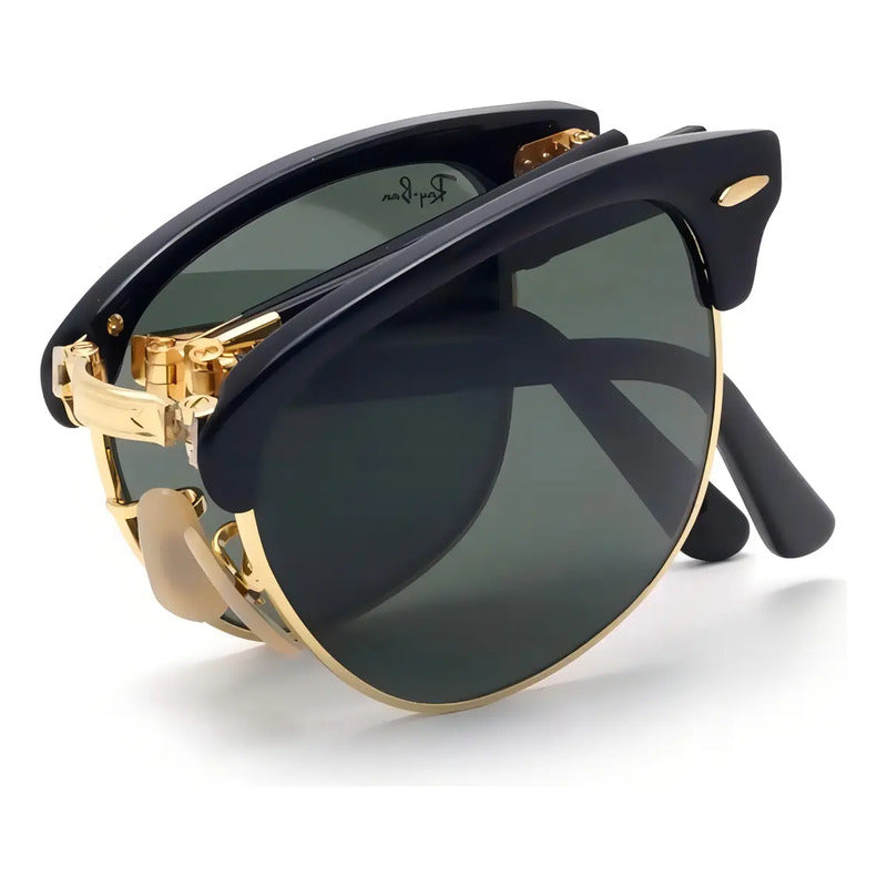 Anteojos De Sol Ray-ban Clubmaster Folding Talle Standard Armazón Negro Brillante Y Lente Green