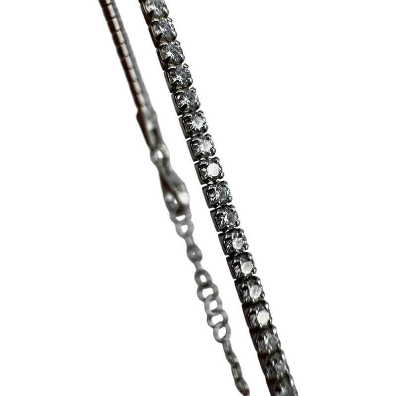 Tobillera Plata 925 Delgada Elegante Incrustaciones Zirconia Plateado 5.8 Cm 25 Cm