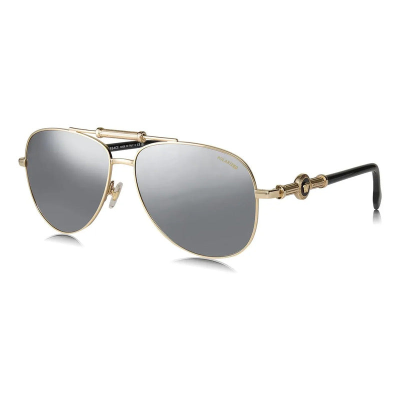 Lentes Solares Versace Ve2236 1002z3 Oro Polarizado Lente Gris Espejada Varilla Dorada / Negra Armazón Dorado Diseño Solar