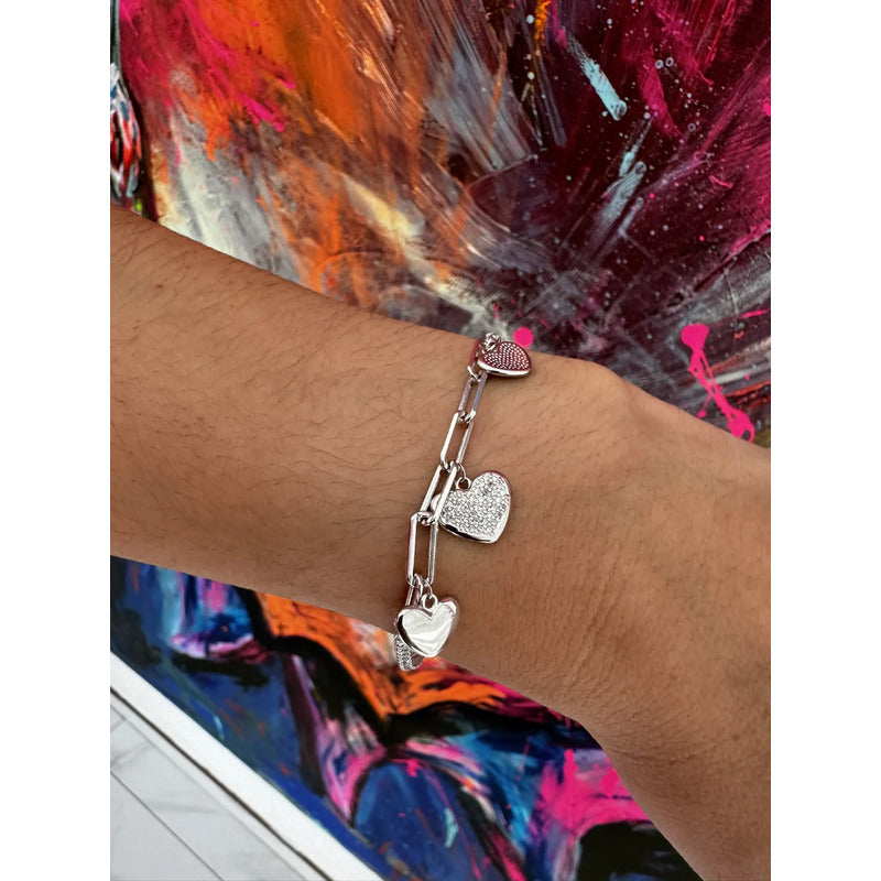 Pulsera/tobillera Plata 925 Dije Corazones Zirconias Modelo5 Plateado 6.1 Cm 20 Cm