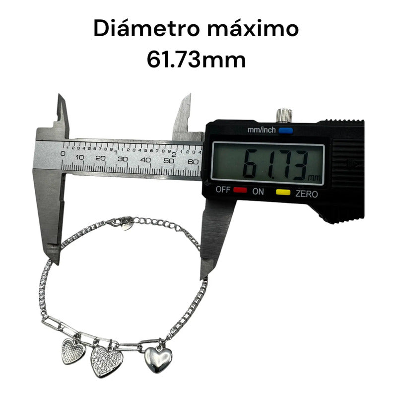 Pulsera/tobillera Plata 925 Dije Corazones Zirconias Modelo5 Plateado 6.1 Cm 20 Cm