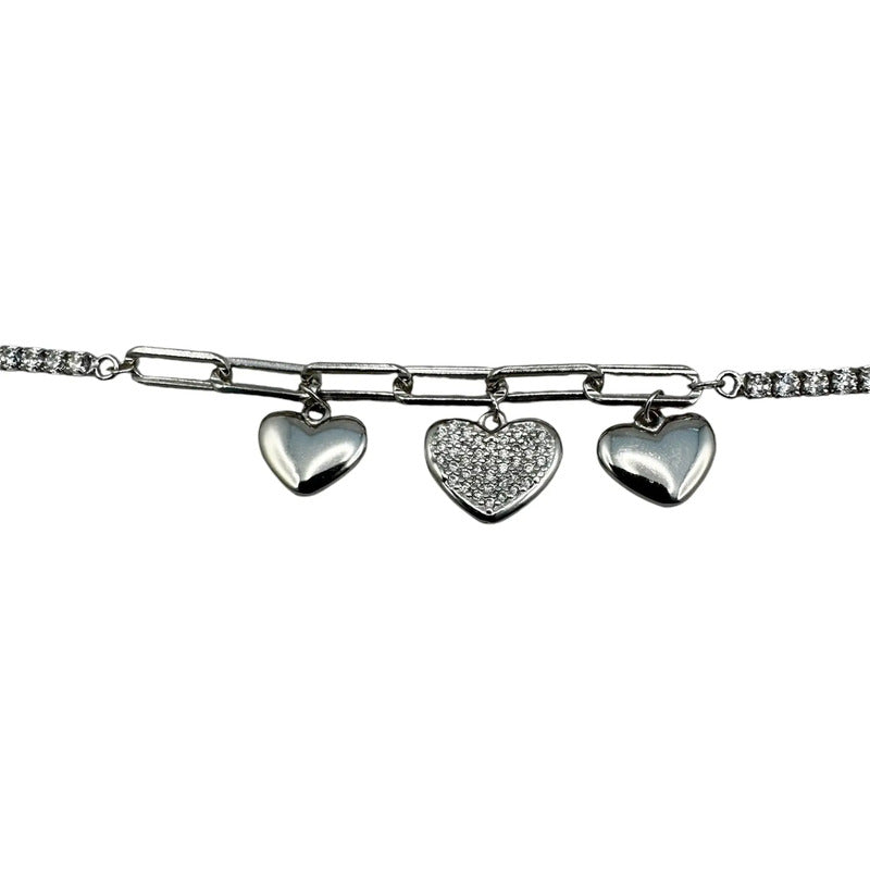 Pulsera/tobillera Plata 925 Dije Corazones Zirconias Modelo5 Plateado 6.1 Cm 20 Cm